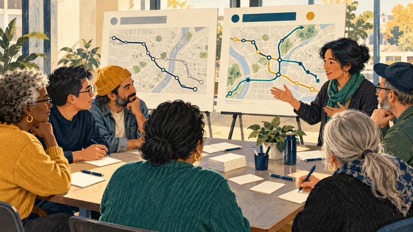 Editorial illustration of residents reviewing proposed transit route boards at a community meeting.