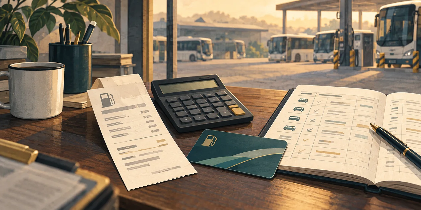 Editorial illustration of fuel receipts, a calculator and a vehicle logbook on a depot desk.