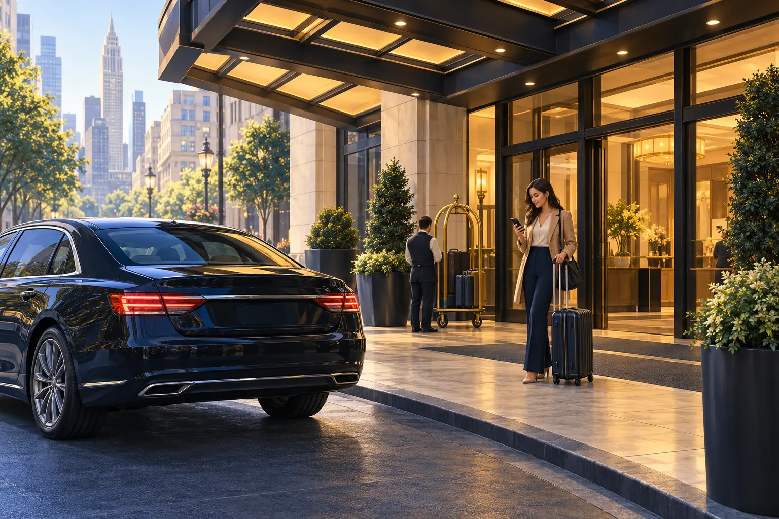 Editorial illustration of a traveler meeting a prebooked sedan at a hotel entrance.