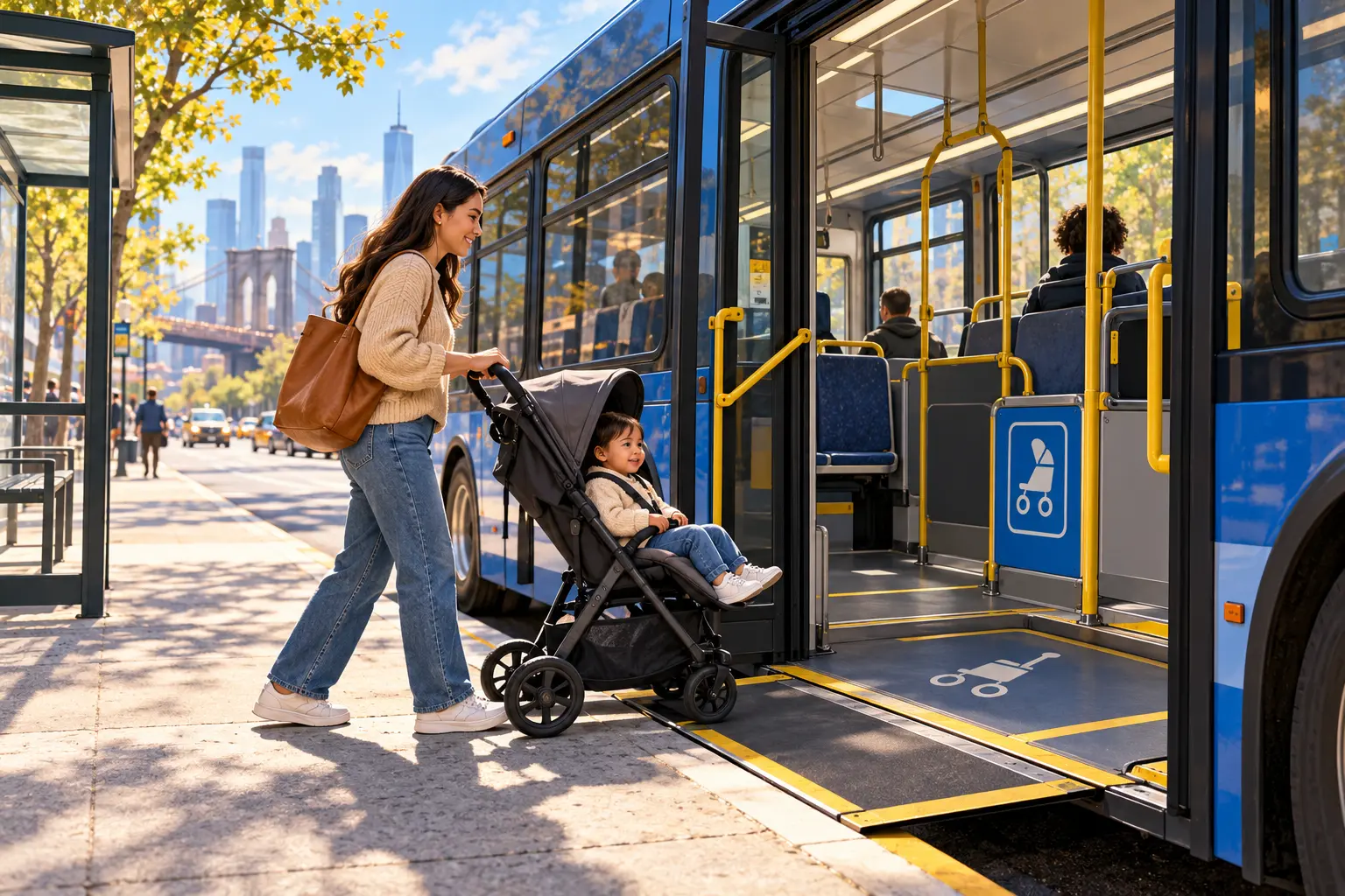 Editorial illustration of a caregiver approaching a city bus with a child secured in a stroller.