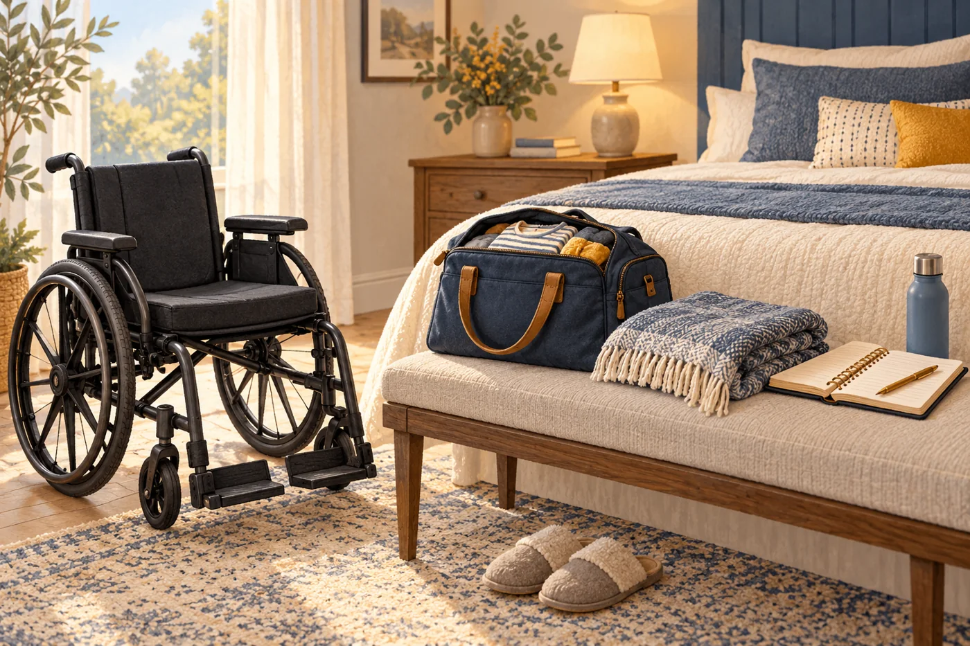 Editorial illustration of a wheelchair and overnight bag prepared for a family visit.