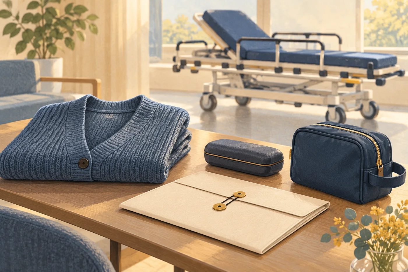 Editorial illustration of personal belongings and a document envelope prepared for stretcher travel.