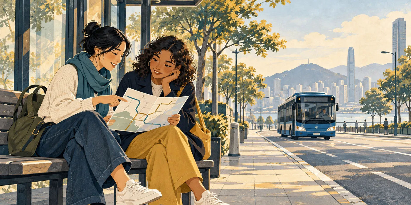 Editorial illustration of two adults reviewing a route leaflet at a bus stop.