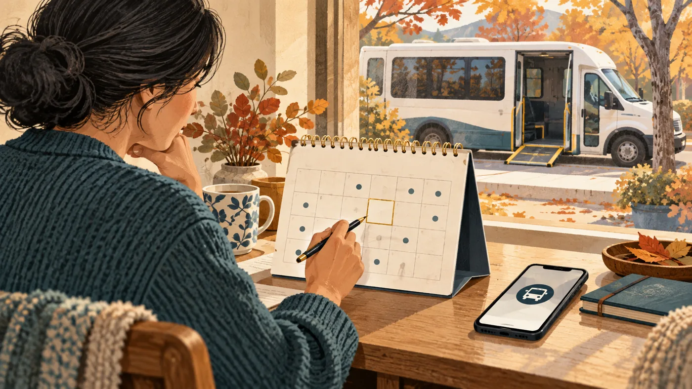 Editorial illustration of a calendar and phone for checking recurring paratransit journeys.