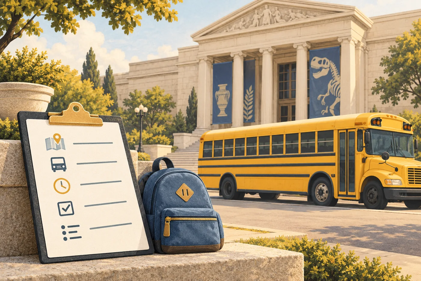 Editorial illustration of a school bus outside a museum beside a trip checklist.