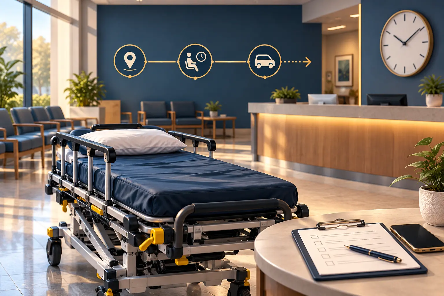 Editorial illustration of an empty stretcher, clock, and return-planning materials in an outpatient lobby.