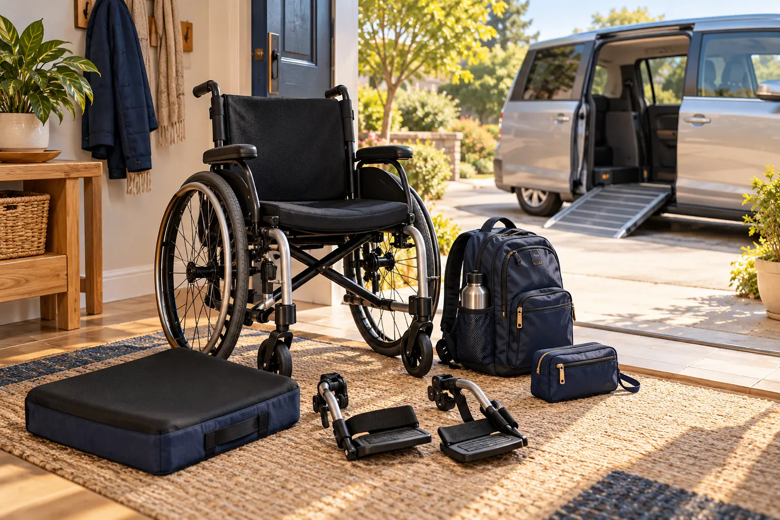 Editorial illustration of an empty wheelchair with removable accessories prepared for a trip.