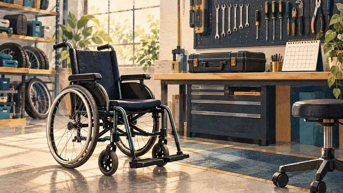 Editorial illustration of a wheelchair and tool case at a mobility equipment workshop.