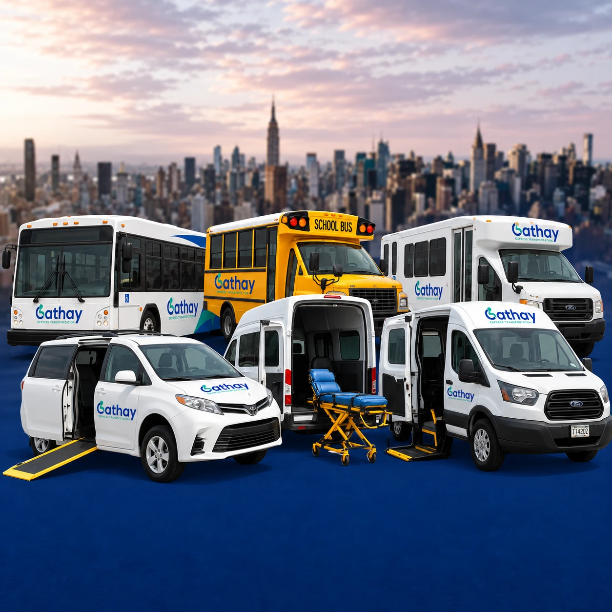 Cathay fleet with a livery minivan, ambulette, stretcher van, yellow school bus, white paratransit bus, and city transit bus against the New York skyline