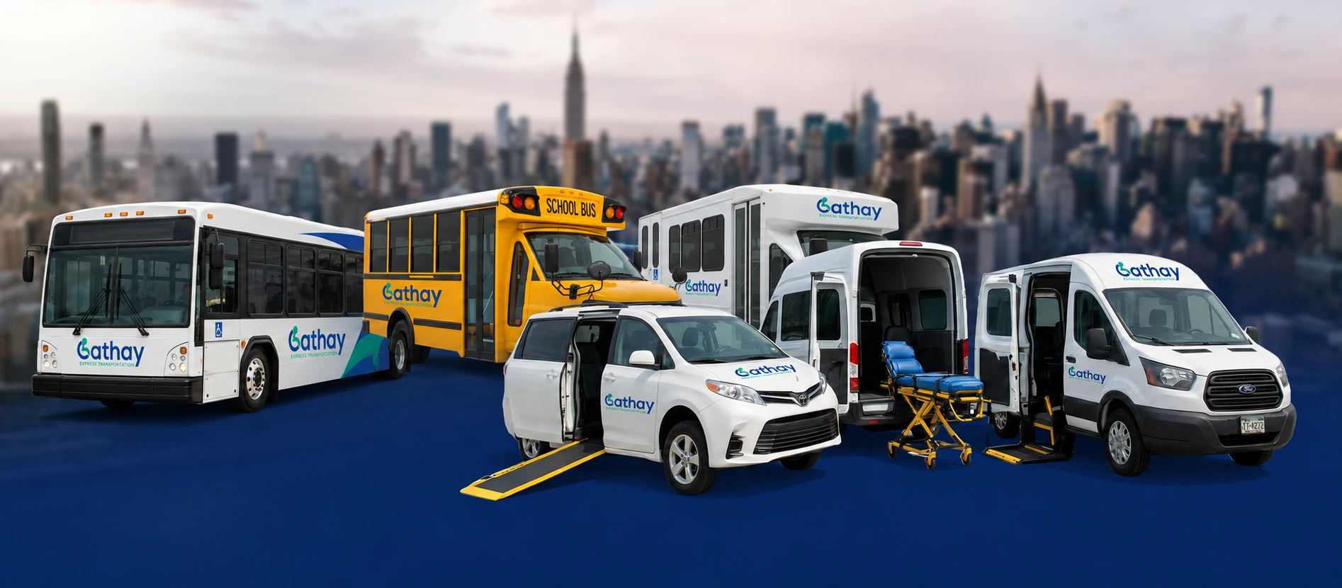 Cathay Express fleet with accessible vehicles, a school bus, a paratransit bus, and a public transit bus